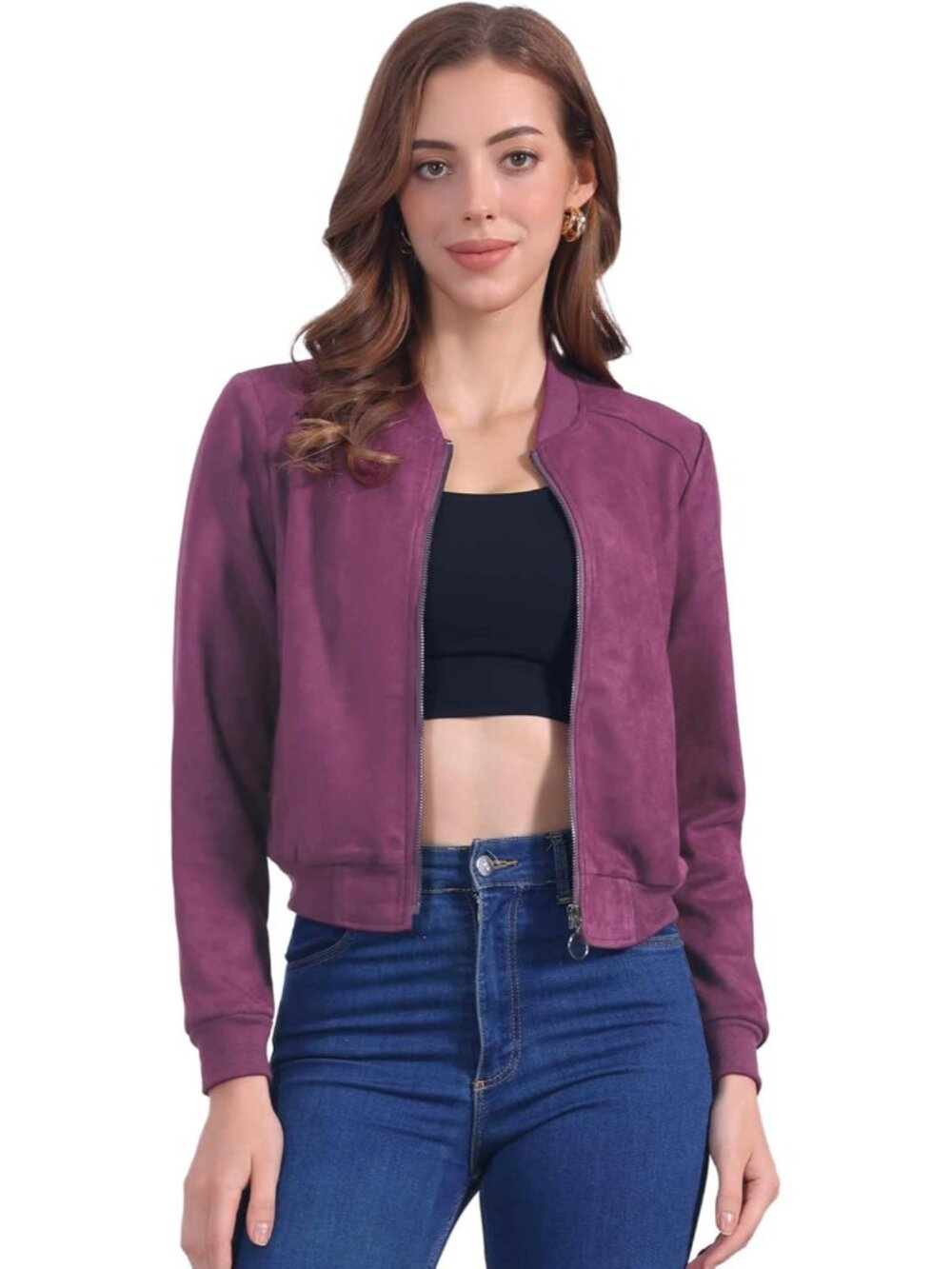 Women's Faux Suede Cropped Stand Collar Zip Up Biker Moto Bomber Jackets Purple